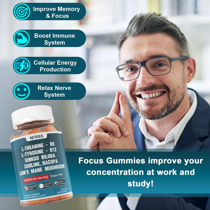Sugar Free L-Tyrosine Gummies 300mg L-Theanine 200mg Vitamin B6 100mg & B12 500mcg, Brain Health Herbs 300mg w/Ginkgo Biloba, Rhodiola Rosea, Lion's Mane Mushroom for Sustained Focus & Energy, 1Pack 60 Count (Pack of 1)