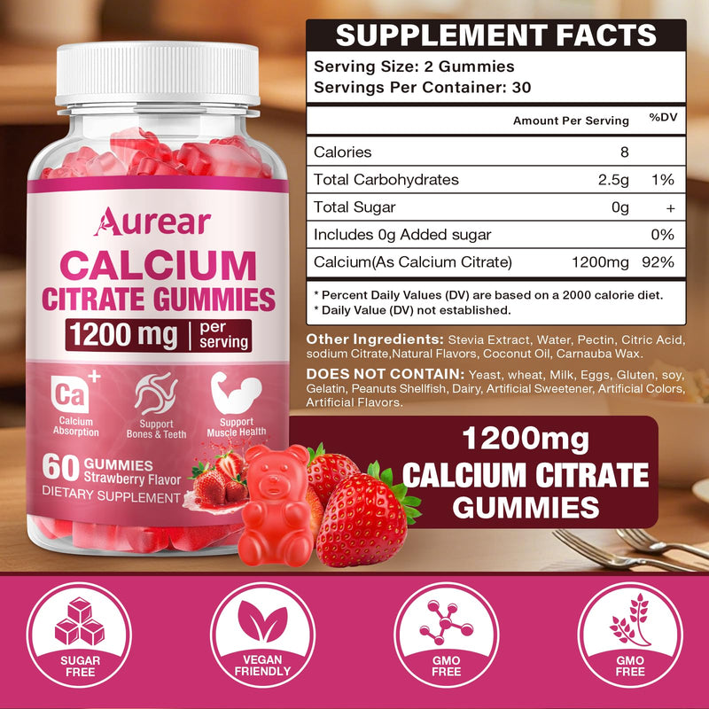 2Pack Calcium Citrate Gummies, 1200mg Chewable Calcium Supplement for Men & Women, Muscle & Bone Support, Strawberry Flavor, 120 Count 60 Count (Pack of 2)