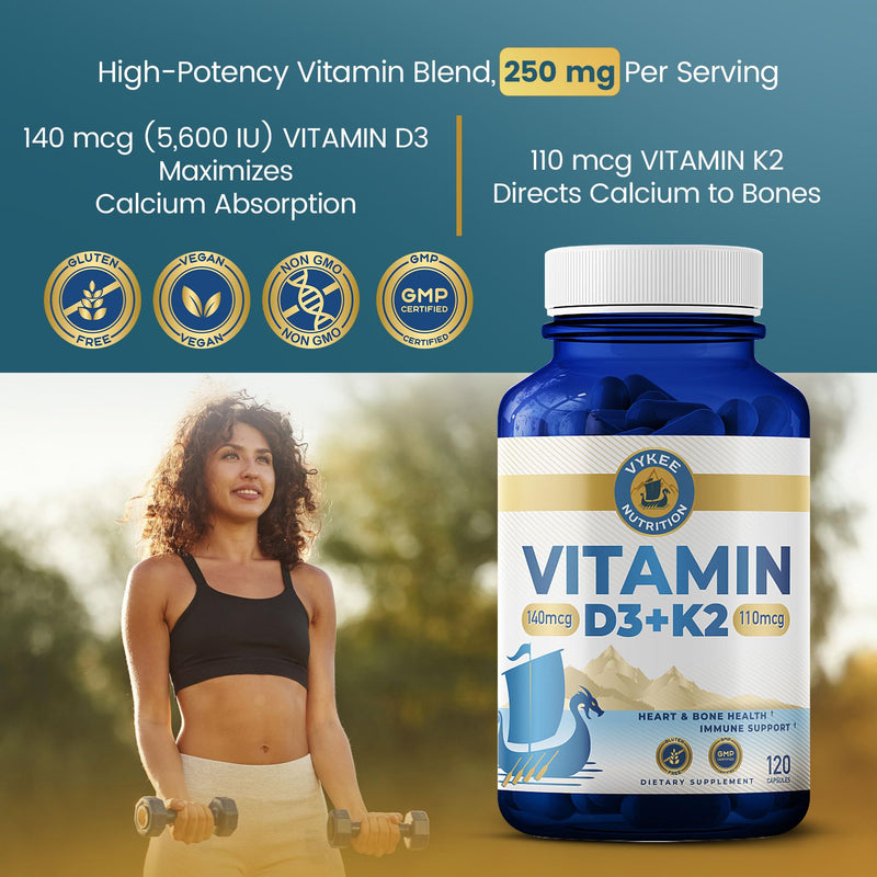 Vykee Nutrition High Potency Vitamin D3 K2 Complex | 140 mcg D3 Vitamin and 110mcg Vitamin K2 (MK-7,Supplement for Bone and Heart Support, Non-GMO, Gluten-Free, 120 Count