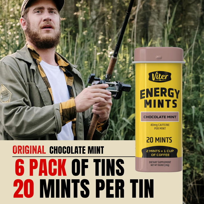 Viter Energy Caffeinated Mints 40mg Caffeine, B Vitamins, Sugar Free. (Chocolate Mint, 20pcs, 6 Pack)