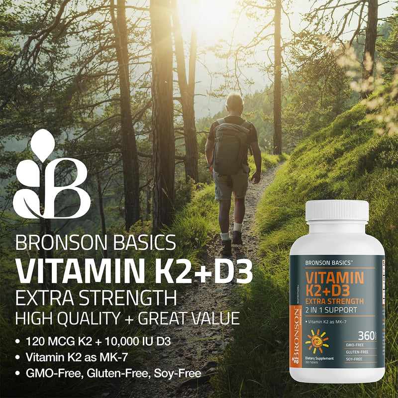 Bronson Vitamin K2 MK-7 + D3 10,000 IU Extra Strength, 200 Tablets | 120 mcg Vitamin K2 as MK-7 per Tablet, Bone Health Support, Non-GMO, Gluten-Free & Soy-Free 200 Count (Pack of 1)