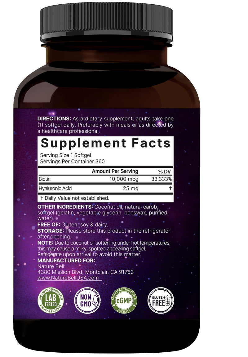NatureBell Biotin 10000mcg + Hyaluronic Acid 25mg | 360 Coconut Oil Softgels, Premium Biotin Supplement for Hair Skin and Nails*