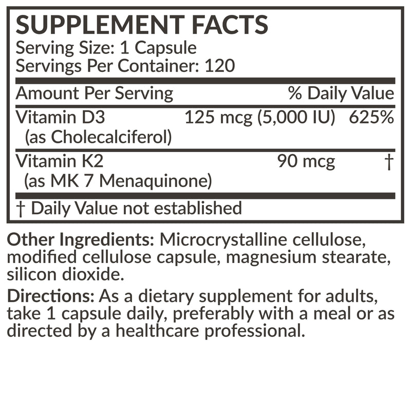 Futurebiotics Vitamin K2 MK-7 90 mcg + D3 5000 IU, 120 Vegetarian Capsules | 2-in-1 Bone, Immune & Heart Health Support, Helps Transport Calcium to Bones, Non-GMO, Gluten-Free & Soy-Free 120 Count (Pack of 1)