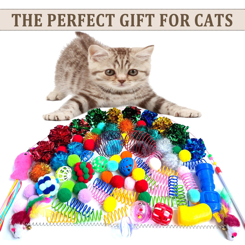 HerMia Cat Toys Variety Pack for Kitty 84 Pieces, Kitten Interactive Toys Bundle Set with Plush Ball Launcher, Bell Ball, Cat Wand, Cat Crinkle Ball, Cat Spiral Spring - BeesActive Australia