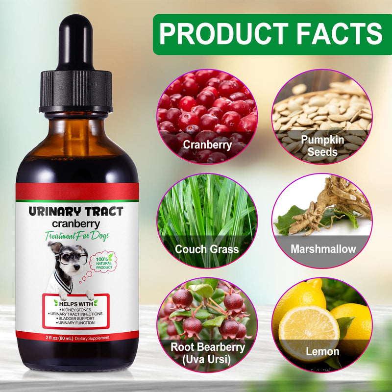 Cranberry Urinary Tract Support for Dogs - Natural Bladder & Kidney Health Liquid Supplement with Herbal Blend - Dietary Drops for Urinary Function, 2 fl oz (60 mL)