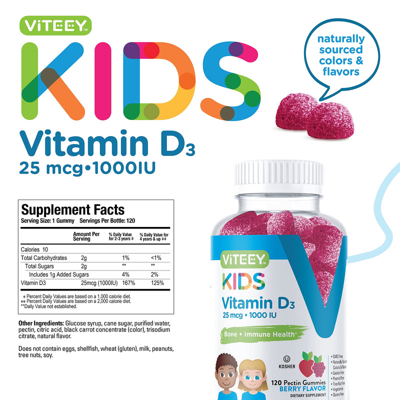 Viteey Vitamin D3 Kids Gummies 25mcg 1000 IU -Tasty Chewable Berry Flavored | Bone Health, Immune Health, Joint Muscle Support - Vegetarian, Gelatin Free, Gluten Free, GMO Free - 120 Count 120 Count (Pack of 1)