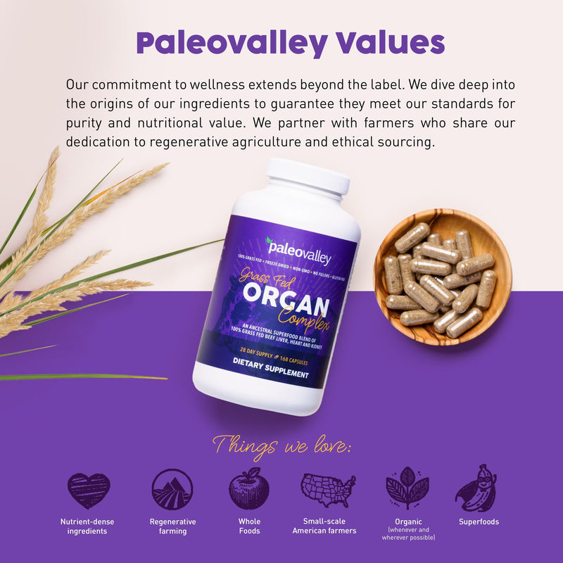 Paleovalley 100% Grass Fed Organ Complex, Beef Liver, Heart and Kidney | Whole Food Multivitamin, Vitamin B12 Supplement, Nutrient Dense Superfood, Freeze Dried, Pasture Raised, Ancestral Nutrition Beef Organ