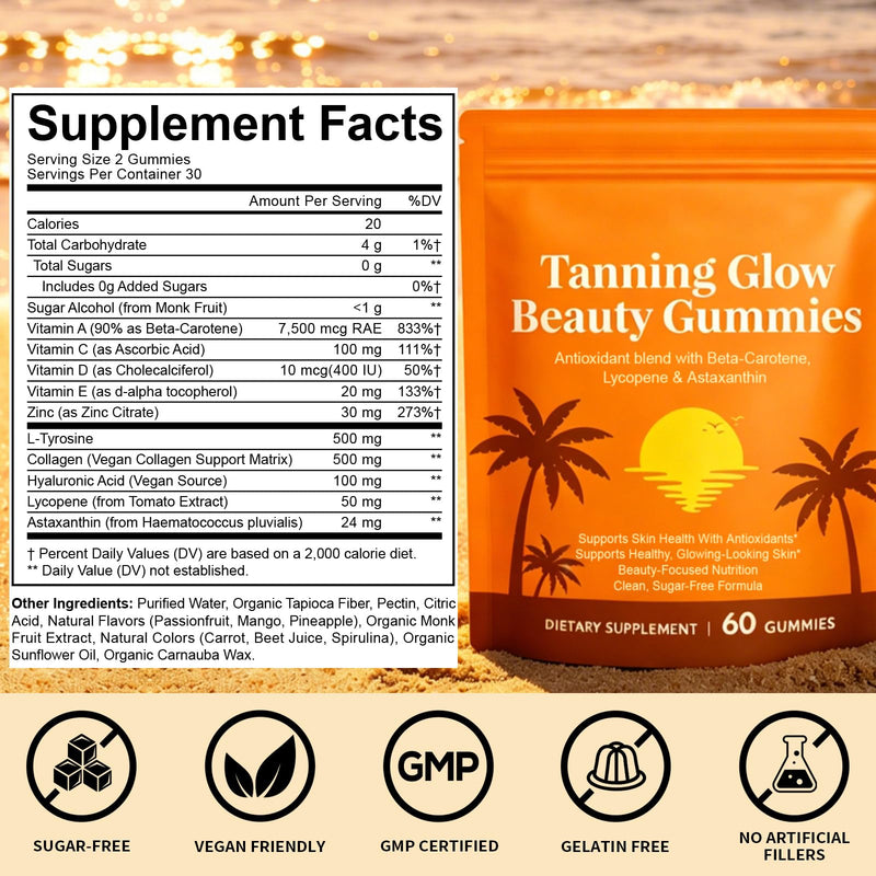 Tanning Gummies for Women, Tanning Gummies with Vitamin C & E, Astaxanthin, Beta Carotene & Lycopene Blend, Tanning Supplement Supports Healthy-Looking Skin, Sugar-Free, 60 Count