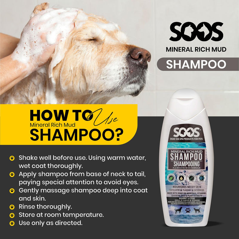 Soos Pet Dog Shampoo for Cats and Pets Mineral Rich Mud Natural Dead Sea Cruelty Free Fast Absorbing Skin Cooling First Aid Antib-acterial and Antif-ungal Odor Remover - 1x Pet Shampoo (500ml) - PawsPlanet Australia