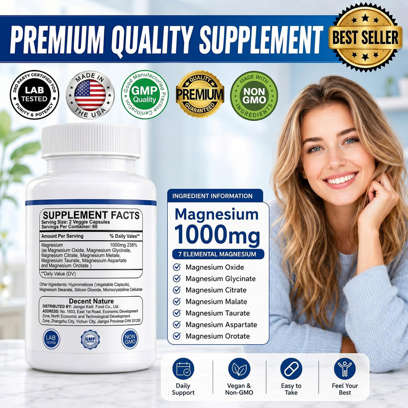 Magnesium Complex for Women & Men 1000mg - 7-in-1 Magnesium Supplement (Glycinate, Citrate & Malate) Capsules for Sleep Support, Stress Relief, Muscle Recovery - Vegan, 120 Count 2 Count (Pack of 60)