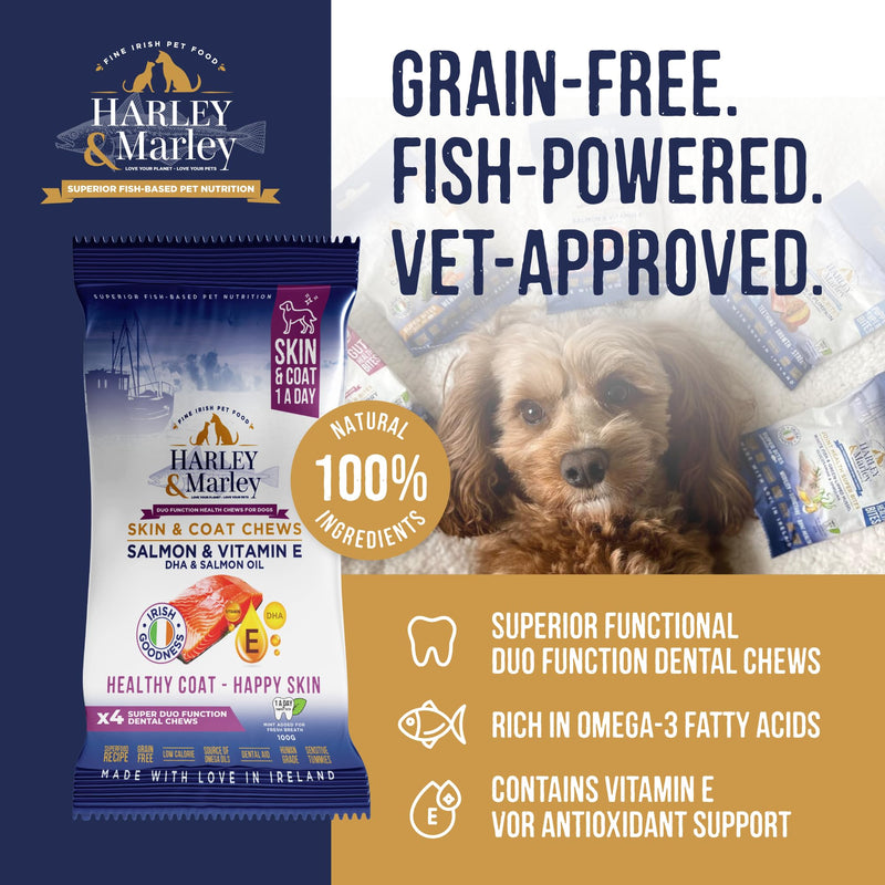 Harley & Marley Skin & Coat Duo Function Health Chews - Natural Dog Skin and Coat Supplement with Salmon, Vitamin E & DHA - Promotes Coat Shine & Supports Teeth & Gums - 4pk (4/pk) Pack of 4