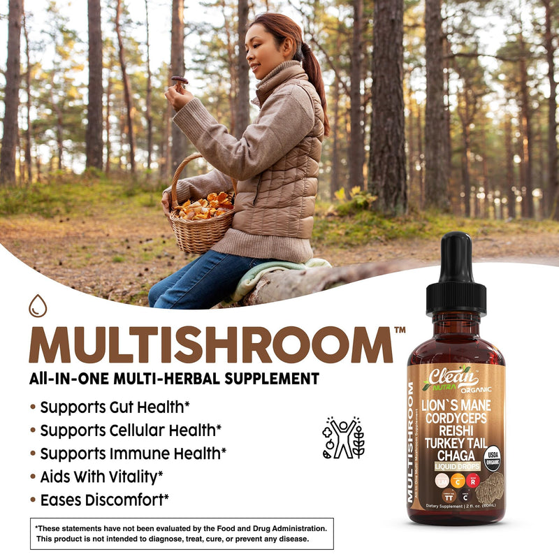 Organic Lions Mane Mushroom Supplement Liquid Drops + Turkey Tail Cordyceps Reishi Chaga Shitake Maitake Tremella Oyster Mushrooms Poria and Enokitake Complex Blend by Clean Nutra 1