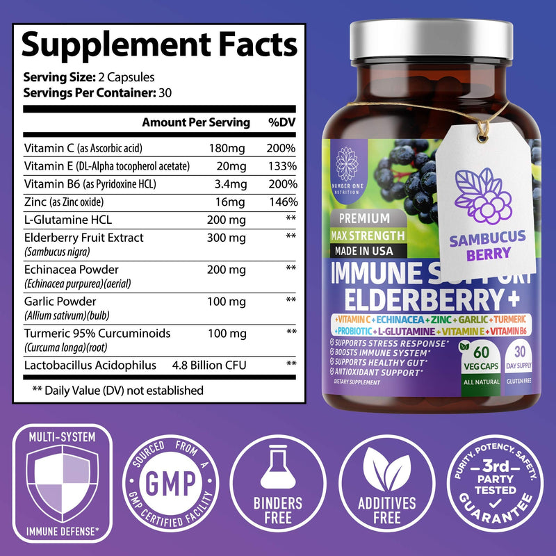 2-Pack N1N Premium 10-in-1 Immune Support Supplement [10 Potent Ingredients] with Elderberry, Vitamin C, Zinc, Echinacea, Turmeric Curcumin, Garlic and Probiotics for Adults, 120 Veg Caps 60 Count (Pack of 2)