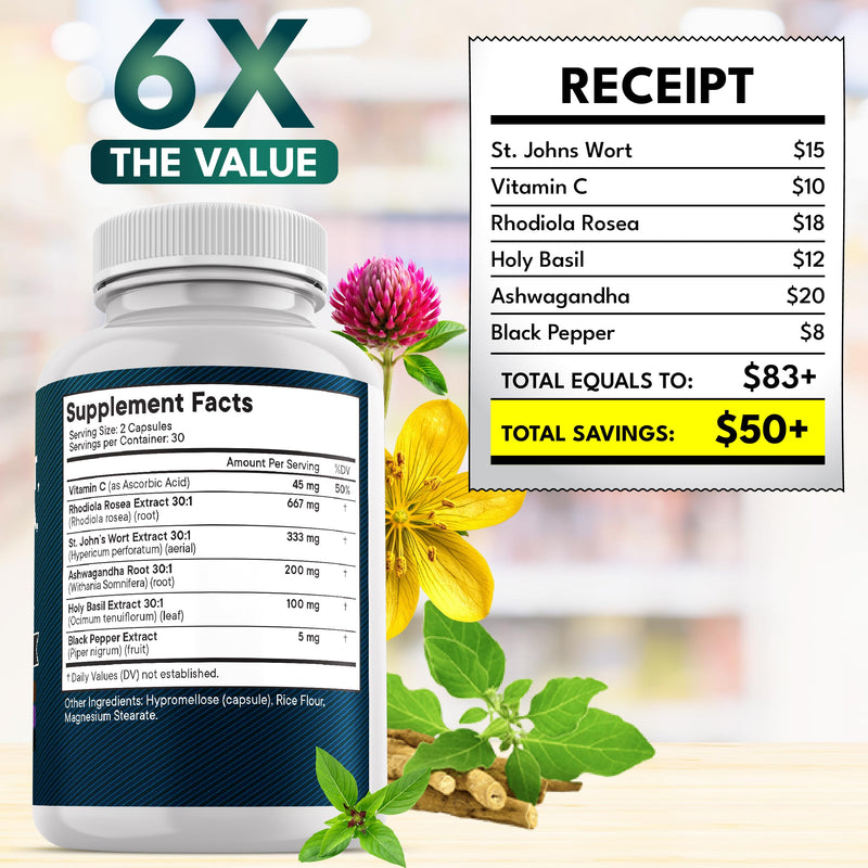 NEW AGE St Johns Wort, Rhodiola Rosea, Holy Basil, Ashwagandha - Support for Women and Men with Vitamin C & Black Pepper Extract - 180 Count 60 Count (Pack of 3)