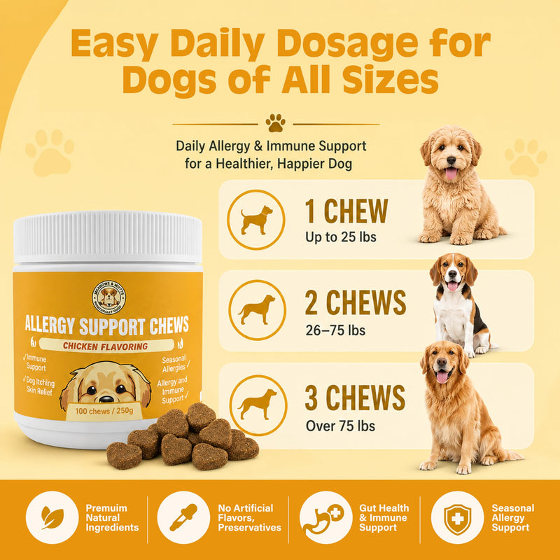 Meadows & Mutts Dog Allergy Relief Chews – Immune Support Dogs Probiotics Soft Chews - Anti Itch & Seasonal Allergy Relief - Probiotics Supplement Support Gut Health, Yeast, Skin & Coat - 100 ct