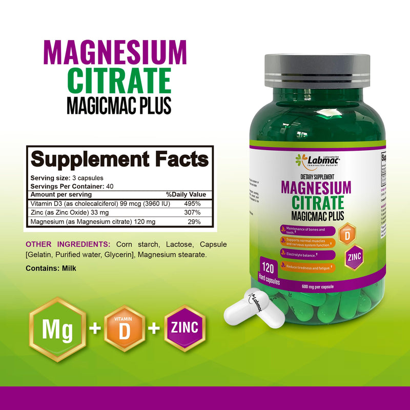 Magnesium Citrate 600mg, 120 Capsules - 3-in-1 Magnesium Citrate Capsules with Vitamin D3 and Zinc Supplements - citrato de magnesio for Muscle, Nerve Function, Healthy Bones, Teeth, Fatigue/Tiredness