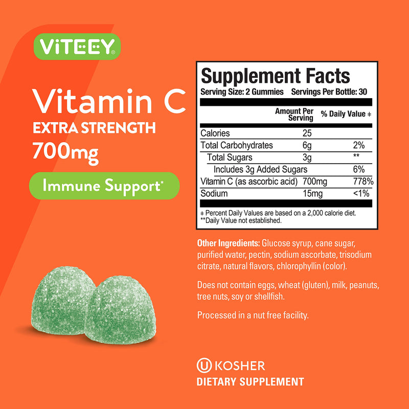 Viteey Chewable Vitamin C Gummies for Adults - 700mg | Extra Strength Immune Support Supplement - Vegan, Gluten Free - 120 Count Extra Strength [700mg]