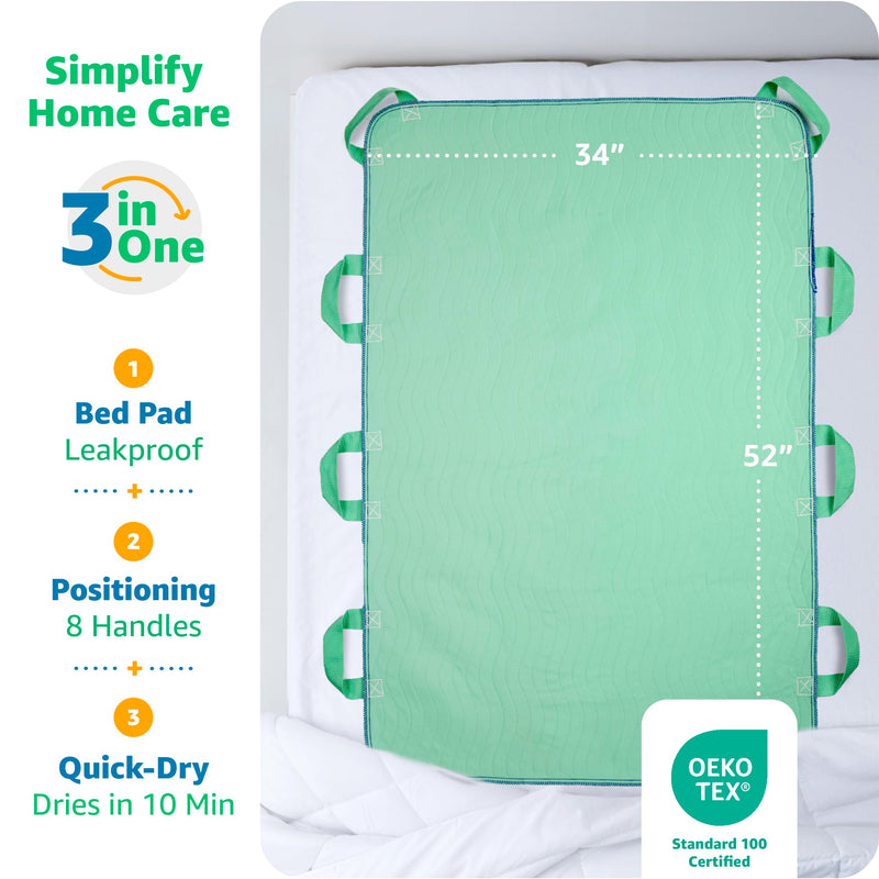 Improvia Positioning Bed Pad with Handles – Quick-Drying, 8-Handle Incontinence Bed Pads – Washable, Waterproof, Reusable Pads for Elderly, Bedridden, Transferring, & Mattress Protection, 34x52 in. 34x52 - 8 Handles - BeesActive Australia