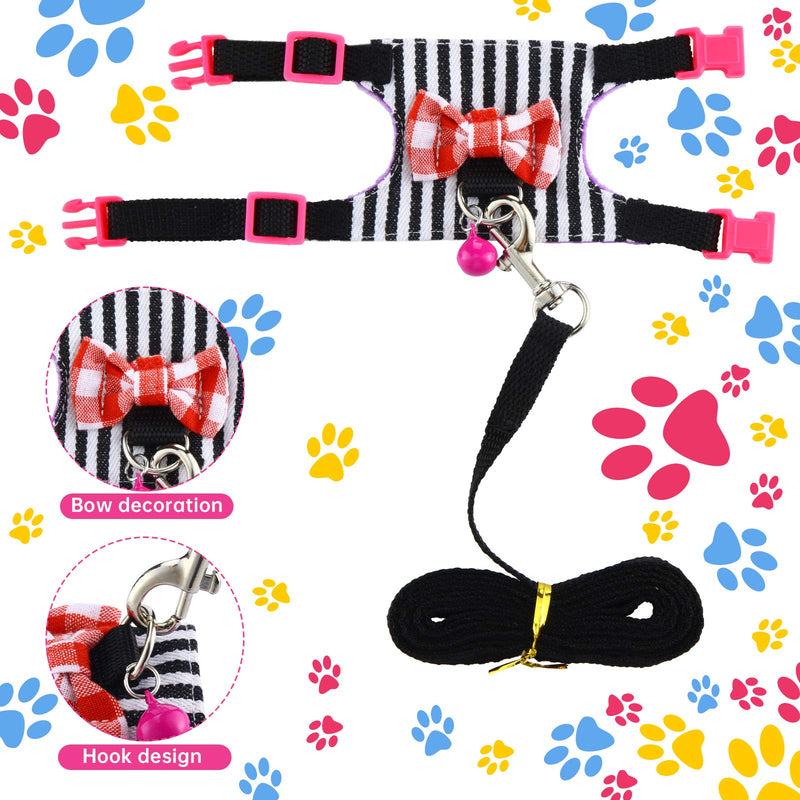 2 Pieces Hamster Harness and Leash Set for Walking, Small Guinea Pig Clothes with Bowknot Bell, No Pulling Comfort Padded Vest Striped for Guinea Pig Hamster Ferret, Small Animals (Blue, Black,S) S Blue, Black