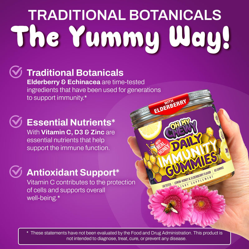 OH MY CHEWY Elderberry Gummies Immunity Support for Kids & Teens | Real Honey and Lemon, Vitamin C, Echinacea, Zinc