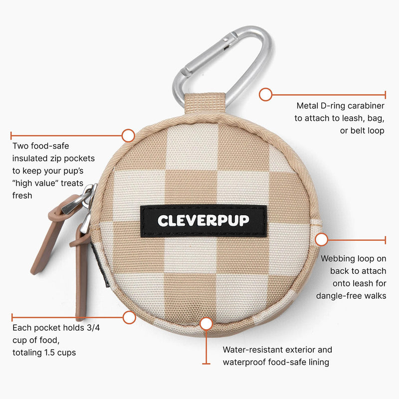 Snackpack Double Insulated Dog Treat Pouch - Holds 1.5 Cups - Dog Training and Walks Snack Bag, Two Pockets for Dry or Wet Treats, Attaches to Leash, Belt, or Bag - Checkerboard Tan Checkerboard - BeesActive Australia