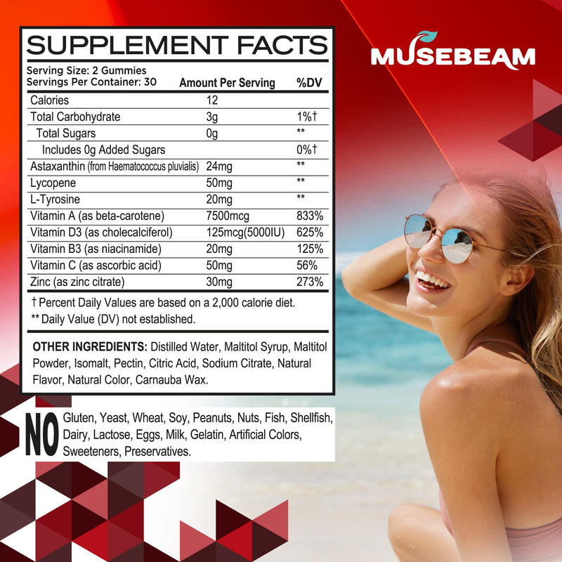 musebeam Tanning Gummies for Women - Daily Self Tan Chews Without Sun | Sunless Tan Skin Health Glow Up Sugar Free Vegan Oral Melanin Supplement with Beta Carotene Astaxanthin Lycopene 60 Count (Pack of 1)