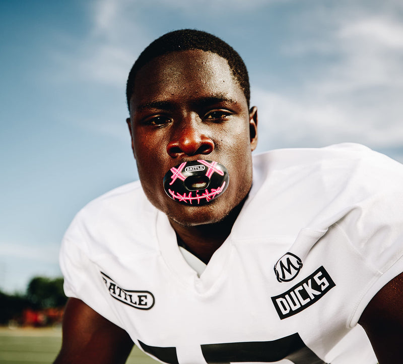 Battle Sports Oxygen Football Mouthguard - Football Mouth Guard with Strap, Superior Airflow & Better Performance, Maximum Breathability, Works with Braces One Size Black/Neon - BeesActive Australia