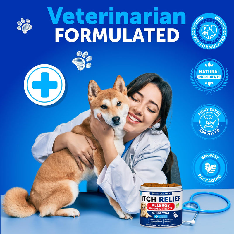 Dog Allergy Relief Chews - Itching Skin Relief for Dogs - 180 Soft Treats - Fish Oil - Omega 3 - Seasonal Allergies Pills - Skin & Coat, Anti Itch,Hot Spots Treatment - Canine Immune Health Supplement 180 Treats
