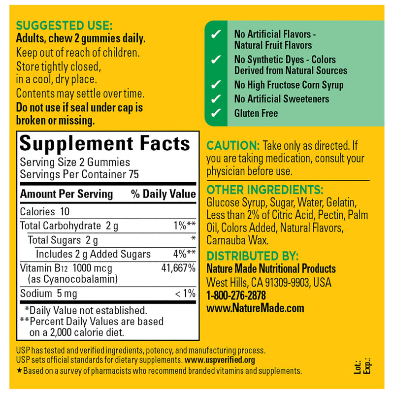 Nature Made Vitamin B12 Gummies 1000 mcg per Serving, 150 Gummy Vitamins | B12 Vitamins, Dietary Supplement for Energy Metabolism Support, B12 Helps Support Brain Cell Function, 75 Day Supply Cherry & Mixed Berry 150 Count (Pack of 1)