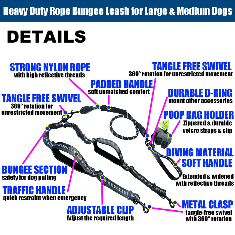 Double Dog Leash - Hands Free Dog Leash Crossbody & Waist for Dog Walking - Tangle-Free Bungee & Padded Handles for Medium & Large Dogs, Black