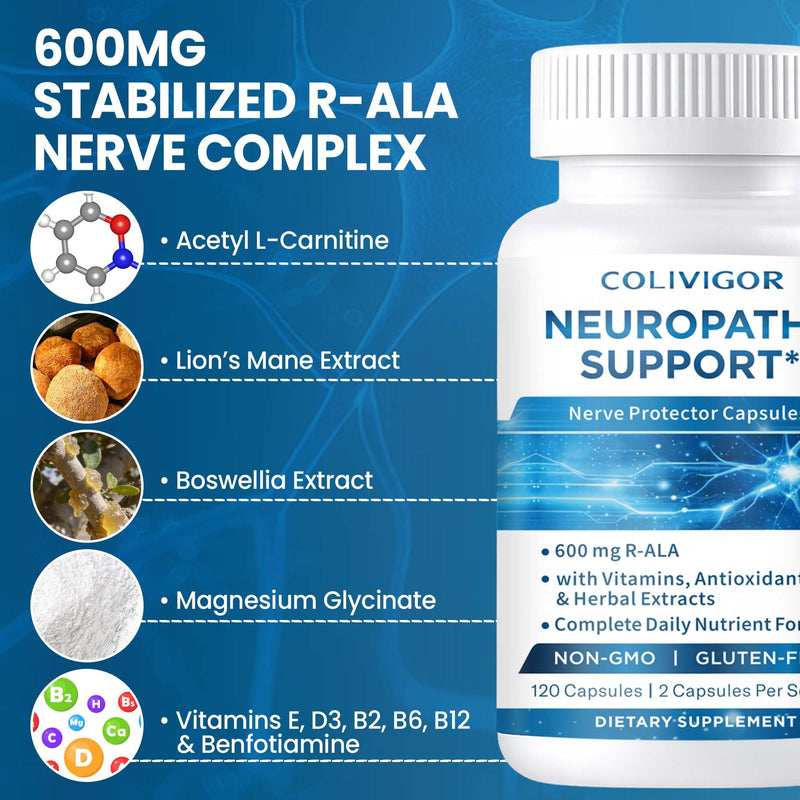 Neuropathy Supplements | R-Alpha Lipoic Acid 600mg | 120 Capsules | Neuropathy Blend with Vitamins E, B2, B6, B12, D3 & Magnesium | Antioxidant Support, Hands, Feet, Fingertips Health | Vegan
