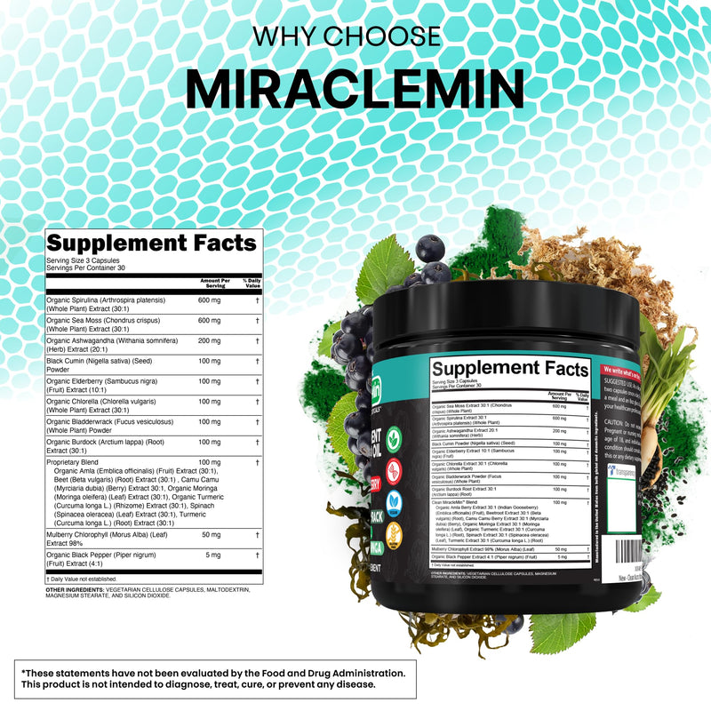 Clean Nutra Organic Sea Moss Capsules with Ashwagandha, Black Seed Oil, Burdock Root, Bladderwrack, Moringa, Chlorella, Spirulina, Turmeric, Elderberry, Amla � 90 Vegan Capsules � MiracleMin 1