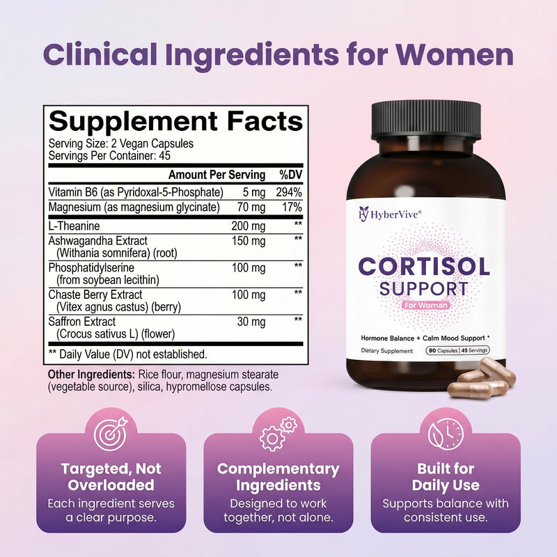 Cortisol Support for Women with Vitex, Ashwagandha & L-Theanine, 90 Caps | Hormone Balance, Calm Mood & Stress Support with Magnesium Glycinate, Saffron & Phosphatidylserine; Vegan, Made in USA