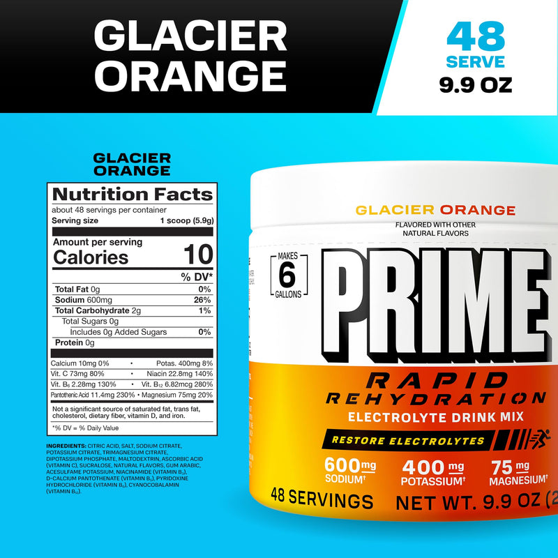 Prime Rapid Rehydration Electrolyte Powder, Glacier Orange, Sugar Free Hydration Drink Mix with Sodium, Potassium, Magnesium & B Vitamins to Replenish Fluids, Caffeine Free, 6 Gallon Tub, 48 SRV