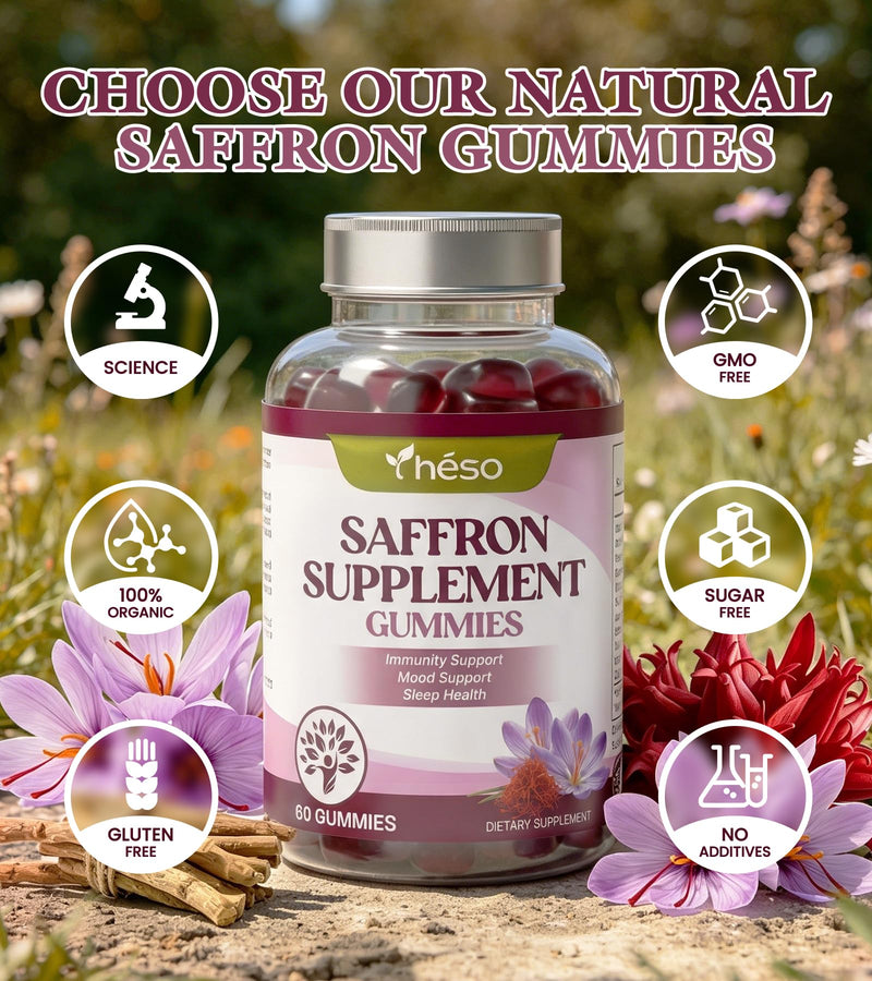 Saffron Gummies with Ashwagandha, Rhodiola & GABA – Sugar Free Mood & Stress Support Supplement with Magnesium, Vitamin D3 & Zinc – Calm & Relaxation Blend, 60 Gummies (30 Servings) 60 Count (Pack of 1)