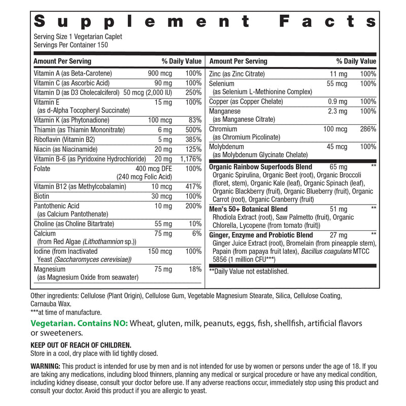 Rainbow Light Mens Multivitamin One + for 50 Plus | 150 Caplets | Supports Muscle Health | with Vitamins C, D, and Zinc | Real Food Nutrients, Digestive Enzymes & Probiotics 150 Count (Pack of 1)