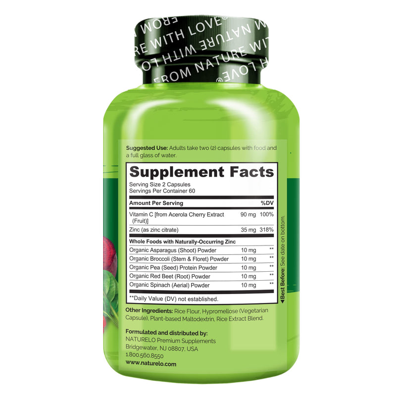 NATURELO Vegan Zinc Immune Support Capsules with Vitamin C 120 Capsules 2Pk | Whole food complex, for healthy skin, hair, and nails, immune system support Unflavored 120 Count (Pack of 2)