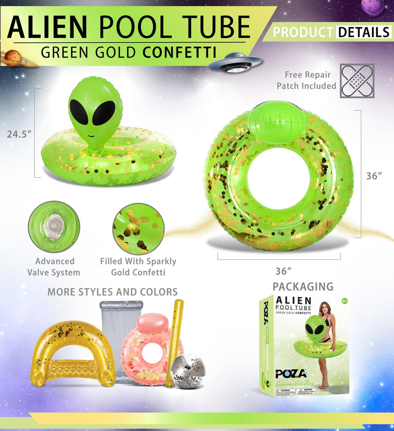 POZA Inflatable Alien Pool Float Tube - Heavy Duty Vinyl UV Resistant Confetti Pool Alien Floatie, Cool Pool Float Swim Ring Pool Inflatables for Kids, Adults for Beach, Party, Vacation Green Gold