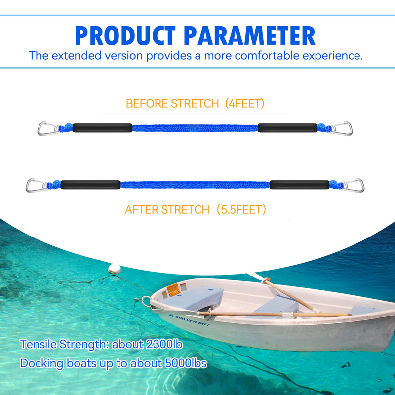 4ft Bungee Dock Lines for Boat, Dock Mooring Ropes, Two Hooks (Blue, 4FT) Blue