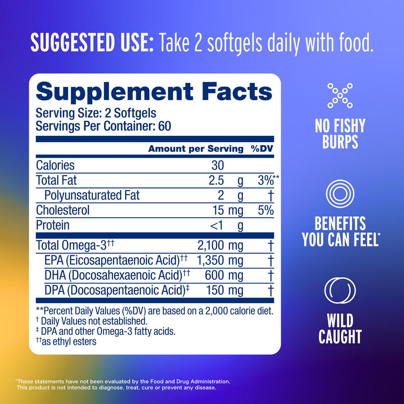 Oceanblue Professional Omega-3 2100 – Triple Strength DPA EPA DHA Omega 3 Supplement – High Potency Burpless Wild Caught Fish Oil – Orange Flavor, 120 Softgels (60 Servings) 120 Count (Pack of 1)