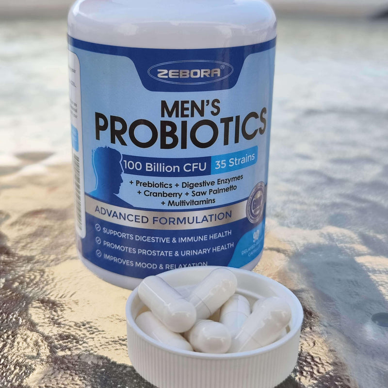 ZEBORA Probiotics for Men, Gut Health, 100 Billion CFU, 180 Capsules | With Prebiotics, Enzymes, Saw Palmetto, and Cranberry, Daily Mens Probiotic Supplement for Digestive and Gut Health 180 Count (Pack of 1)