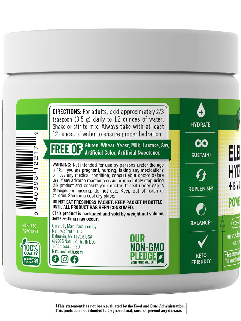 Nature's Truth Electrolytes Powder | No Sugar | with B Vitamins | Refreshing Lemon Flavor | Vegan, Non-GMO & Gluten Free Supplement for Hydration