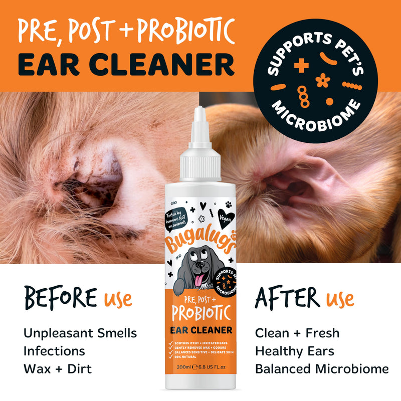 BUGALUGS Dog Ear Cleaner with Pro, Pre and Probiotics for dogs that helps soothe itchy ears, remove wax and odours plus dog ear drops support your dogs Microbiome (Probiotic Ear Cleaner 200ml) Probiotic Ear Cleaner 200ml
