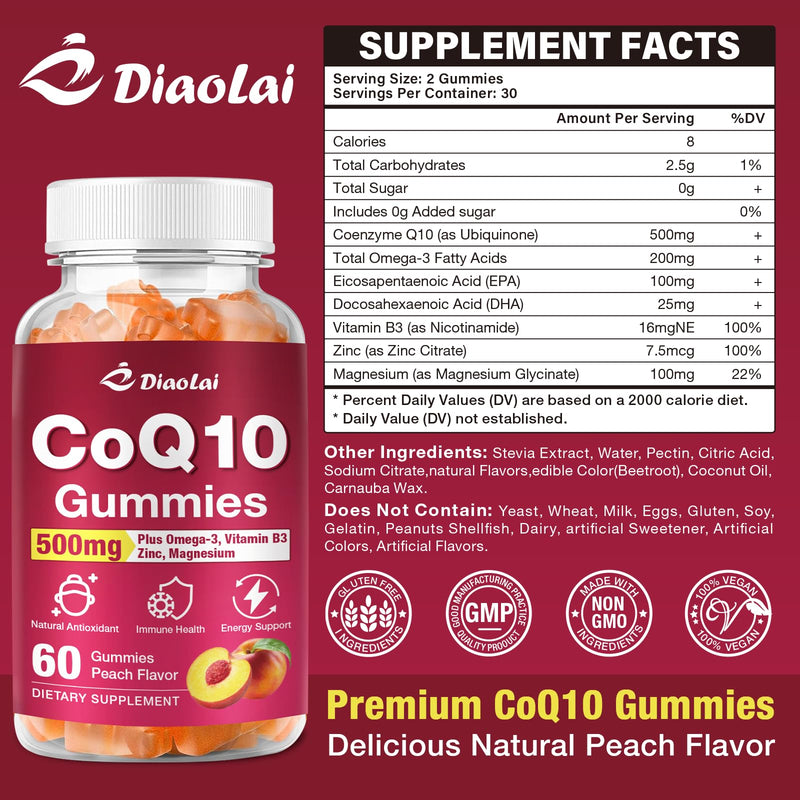 2 Pack CoQ10 Gummies - 500mg per Serving with Omega-3 (EPA & DHA), B3 & Zinc - Supports Immunity & Energy - Delicious Orange Flavor - Non-GMO, Gluten-Free - 120 Count 2pack