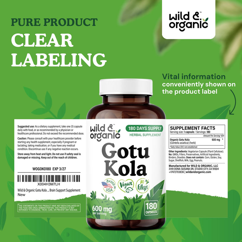 Wild & Organic Gotu Kola Capsules 600 mg - Brain & Focus Support - Gotu Kola Supplement - Centella Asiatica Powder - 180 Days of Supply - Vegan, No Fillers, Non-GMO - 180 Count