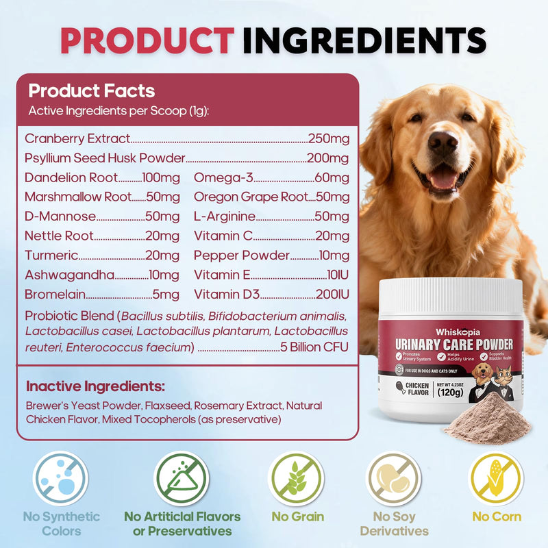 Powdered Cranberry Supplement for Dogs and Cats 120 Scoops UTI Treatment Powder with D-Mannose, Omega-3, Supports Pet Kidney Bladder Health Immune and Gut Support Bladder Control for Dogs