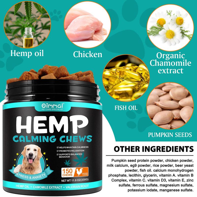 HUALIJIA Calming Treats For Dogs, 150 Count Hemp Calming Chews for Dogs - Reduce Stress Relief, Separation, Barking, Fireworks, Thunderstorms - 100% Natural Ingredients Dogs Calming Treats (Chicken) Chicken
