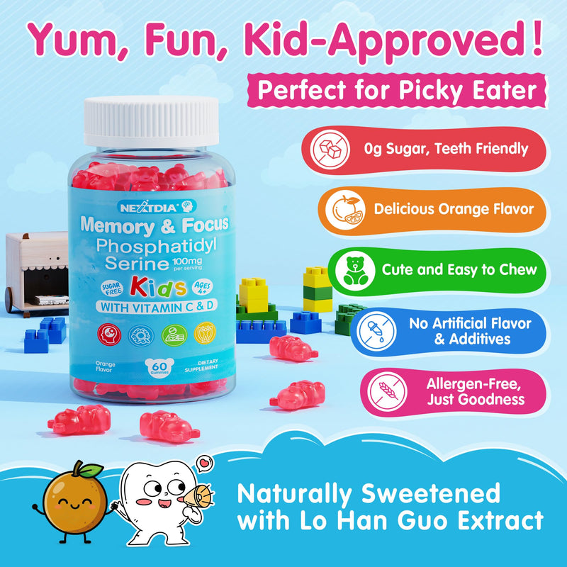 Phosphatidylserine Supplement 100mg, Focus Gummies for Kids Teens + Vitamin C & D3 400IU, Sugar Free Kids Brain Gummies Increase Attention & Concentration, Chewable, Vegan, Gluten Free, Non-GMO 60Cts 60 Count (Pack of 1)