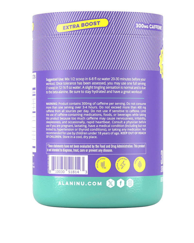 Alani Nu Pre Workout+ Powder Frozen Lemonade, Extra Boost, Sugar Free, 300mg Caffeine, L-Theanine, Beta-Alanine, Citrulline, 30 Servings - BeesActive Australia