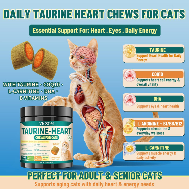 Cat Daily Wellness Bundle: Taurine + CoQ10 Crunchy Chews & Skin/Coat Comfort Soft Chews, Heart, Vision, Immune, Digestive & Coat Support for Adult & Senior Cats, Chicken Flavor